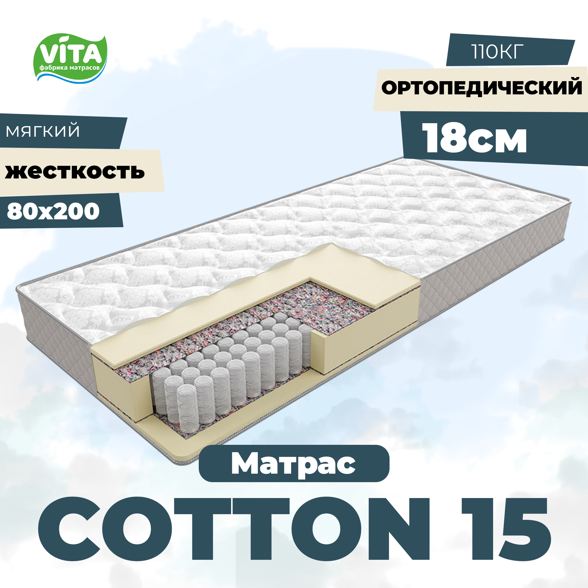 Матрас пружинный ортопедический VITA Cotton 15 PS 500 (80х200)