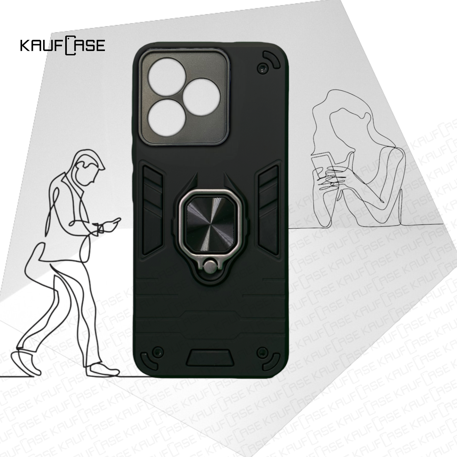 Противоударный чехол на Realme Note 50 (6.74"), черный. Кольцо-держатель и магнитное крепление, яркие пластиковые защитные вставки