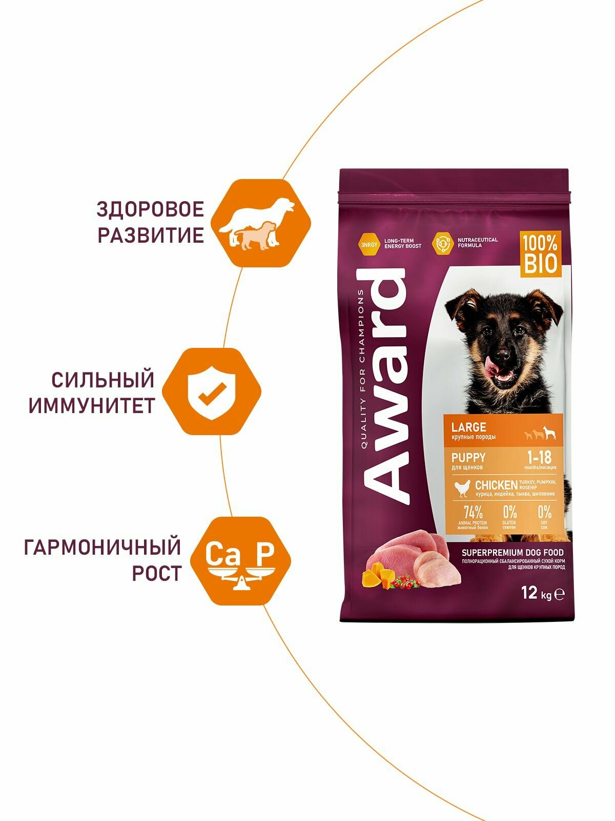 Сухой корм AWARD для щенков от 1 месяца крупных пород с курицей и индейкой с добавлением тыквы и шиповника 12кг — фото 1
