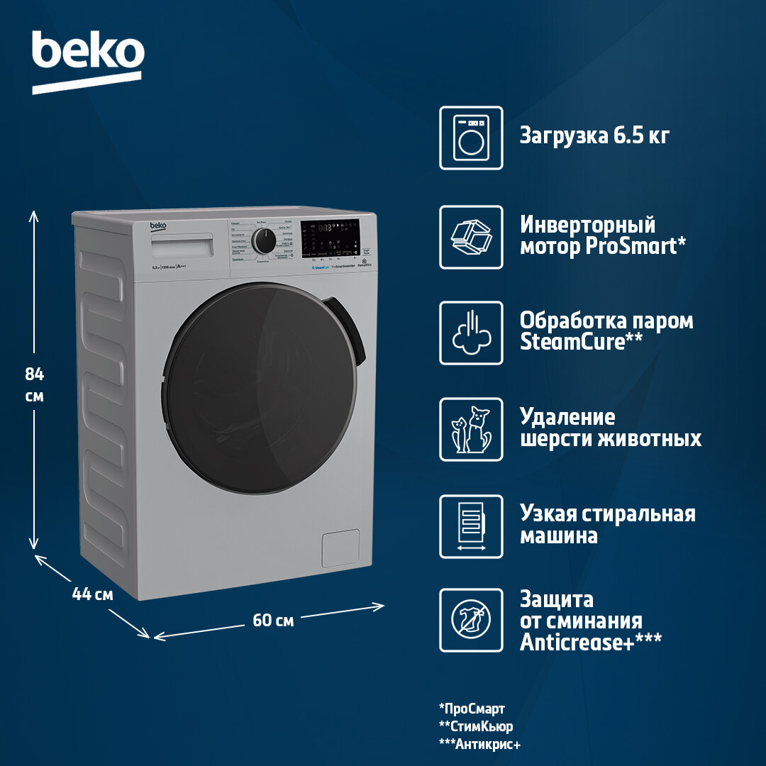 Узкая стиральная машина Beko WSPE6H616S, 6,5 кг, 1200 об./мин, инверторный мотор, 15 программ, серебристый