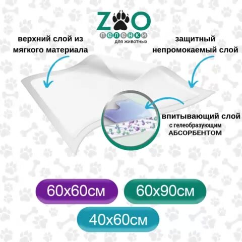 ZOO Пеленка-туалет 40x60 см, 60 шт /гелевая/ для животных с суперабсорбентом /впитывающая/ одноразовая — фото 1