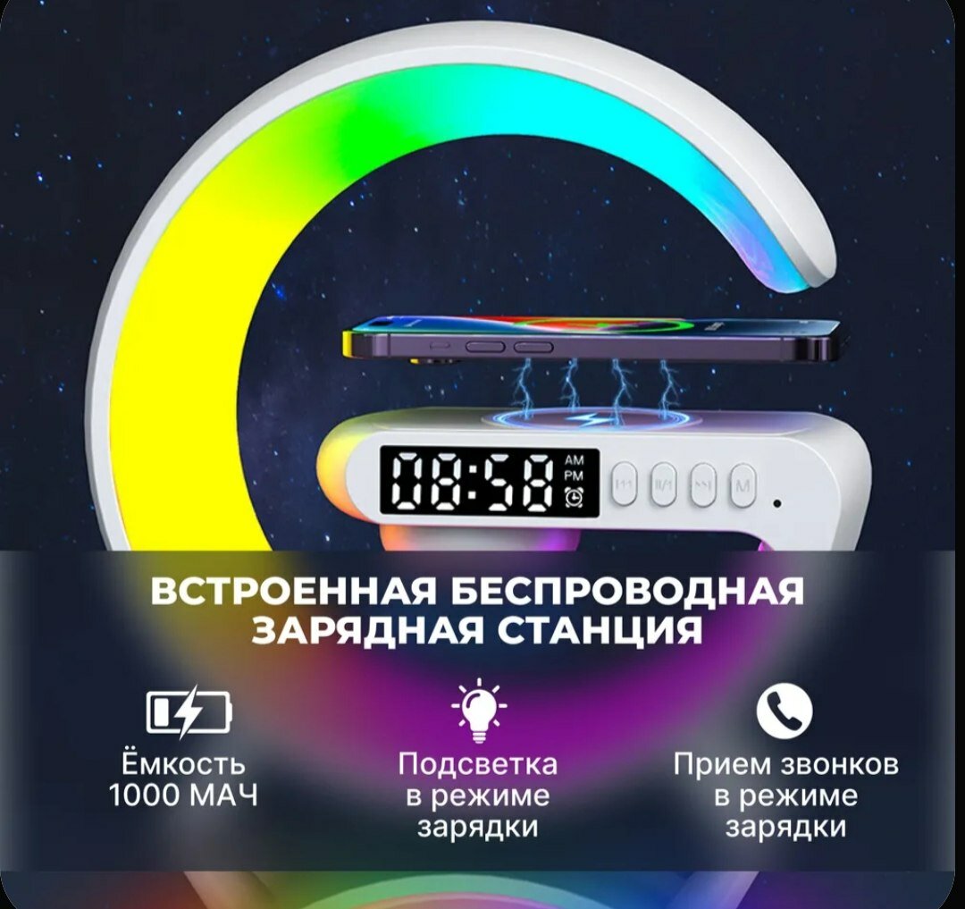 Умный ночник — это современное устройство, которое объединяет в себе часы, зарядное устройство и Bluetooth-динамик. Он обеспечивает удобство благодаря яркой RGBW-подсветке, будильнику, беспроводной зарядке и функциям потоковой передачи музыки. — фото 1
