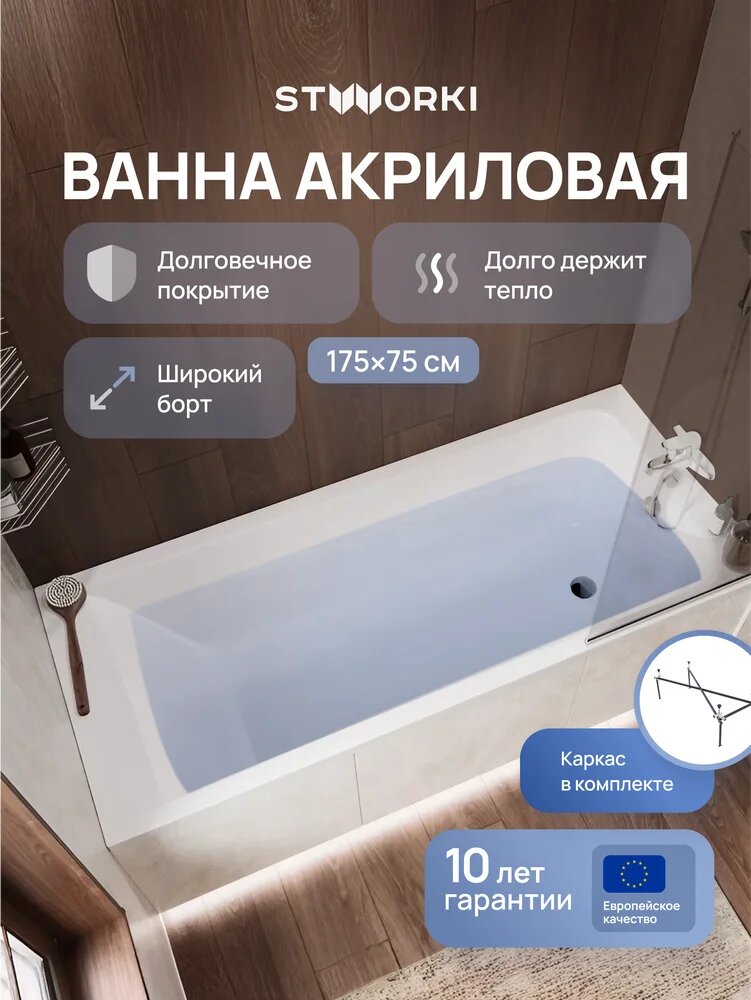 Акриловая ванна STWORKI Стокгольм 175x75 с каркасом пристенная встраиваемая белая глянцевая прямоугольная