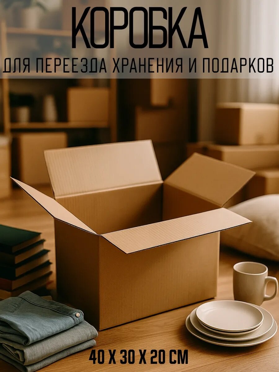 Коробка складная картонная бежевая 40 х 30 х 20 см для хранения и переезда