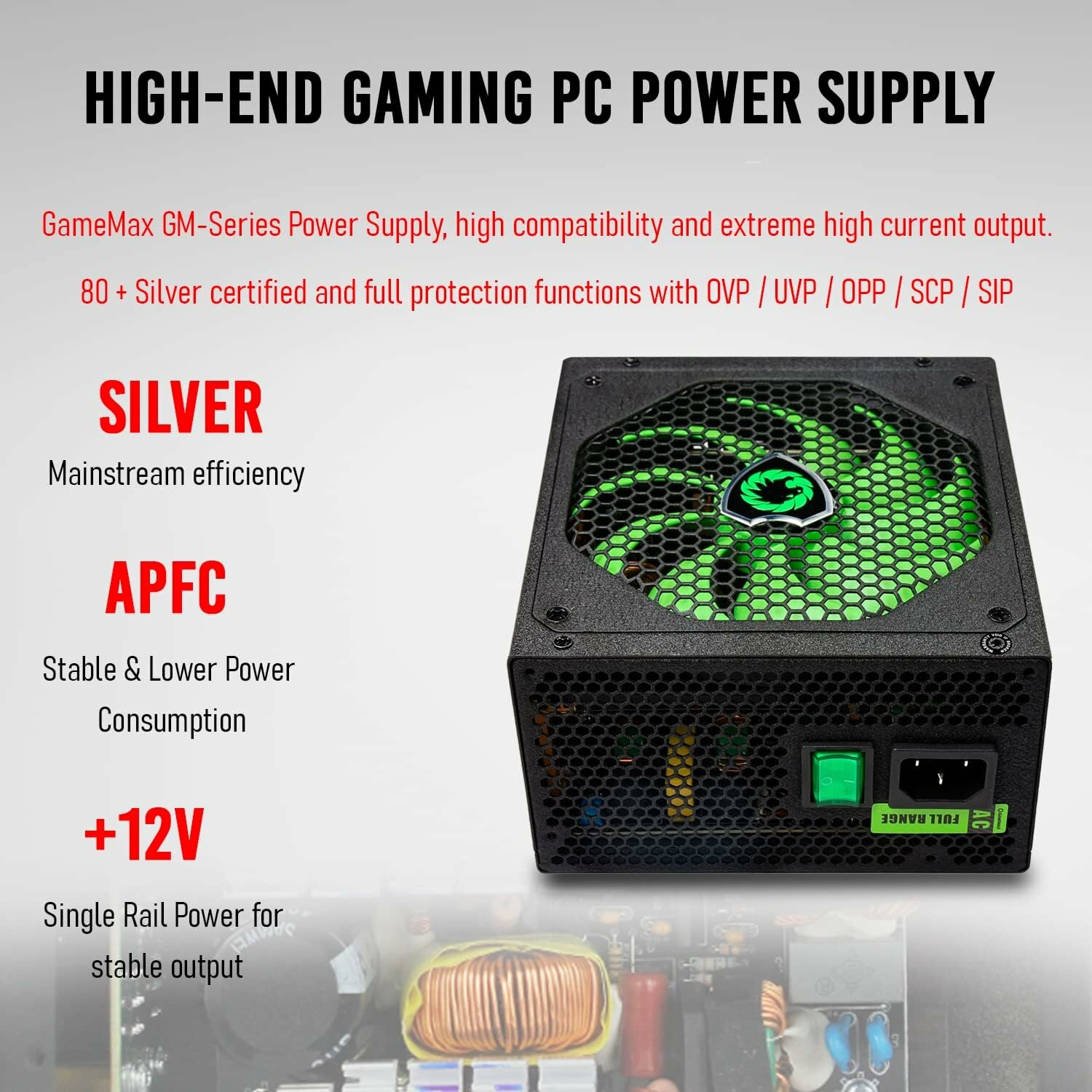 Блок питания GameMax GM-1050, мощность 1050Вт, 80 PLUS Silver, черный — фото 1