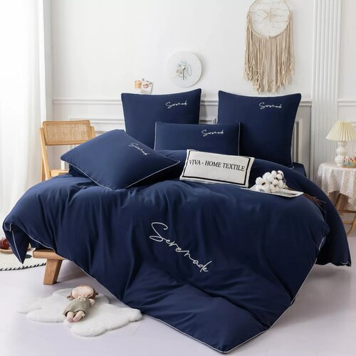Комплект постельного белья Ситрейд однотонный сатин вышивка на резинке CHR, евростандарт, сатин, синий/темно-синий
