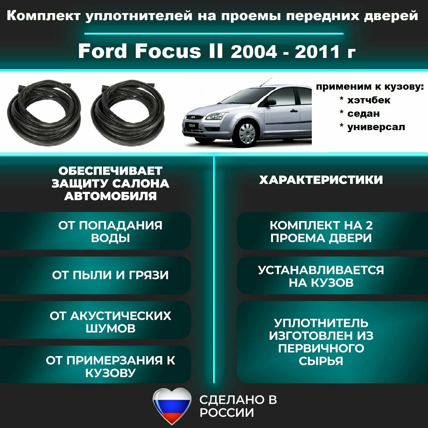 Комплект уплотнителей проема передних дверей на Ford Focus II 2005-2011 г / уплотнитель для Форд Фокус 3, седан хэтчбек, универсал