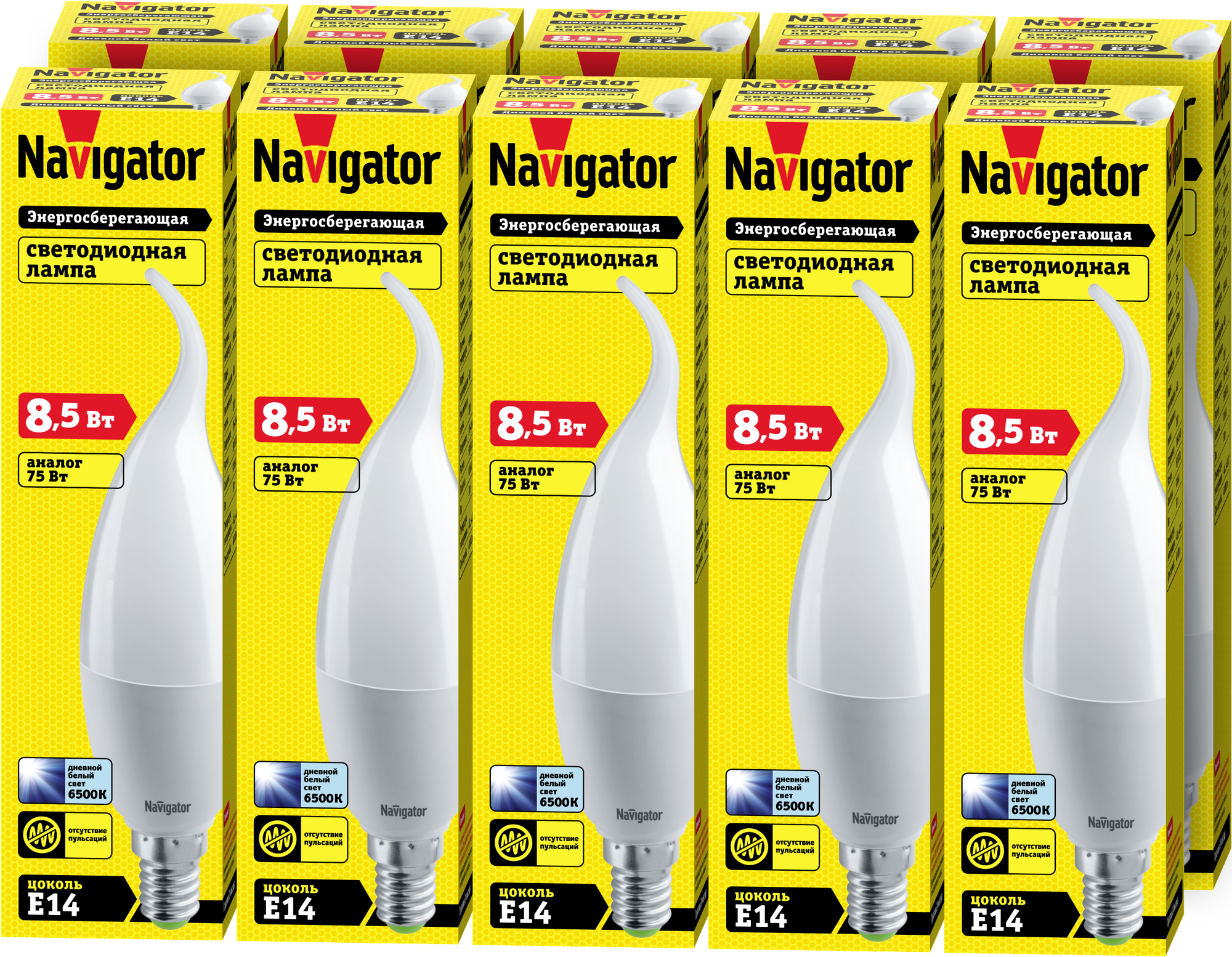 Светодиодная лампа Navigator 61 332, 8.5 Вт, свеча на ветру Е14, холодного света 6500К, упаковка 10 шт.