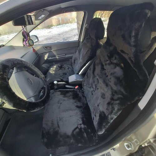 Меховые накидки на передние сидения/2шт./черные/мутон