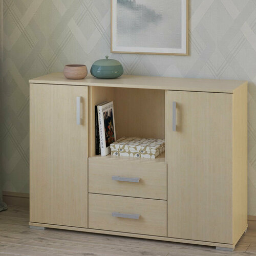 Широкий двухдверный комод с двумя ящиками и открытой нишей МагМебель №64 дуб молочный