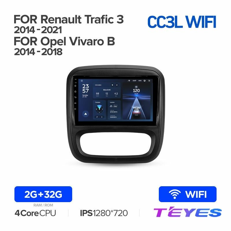 Магнитола Renault Trafic 3 2014-2021 Opel Vivaro B 2014-2018 Teyes CC3L Wi-Fi 2/32GB, штатная магнитола, 4-ёх ядерный процессор, IPS экран, Wi-Fi, 2 DIN