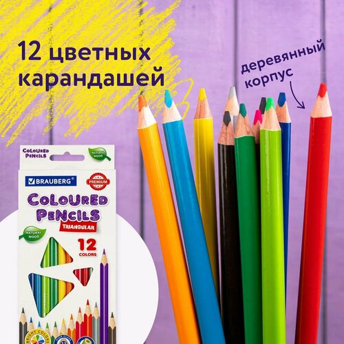 Карандаши цветные Brauberg Premium 12 цветов трехгранные грифель мягкий 600₽