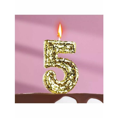 Свеча в торт Блестки цифра 5 золото 55 см 495₽