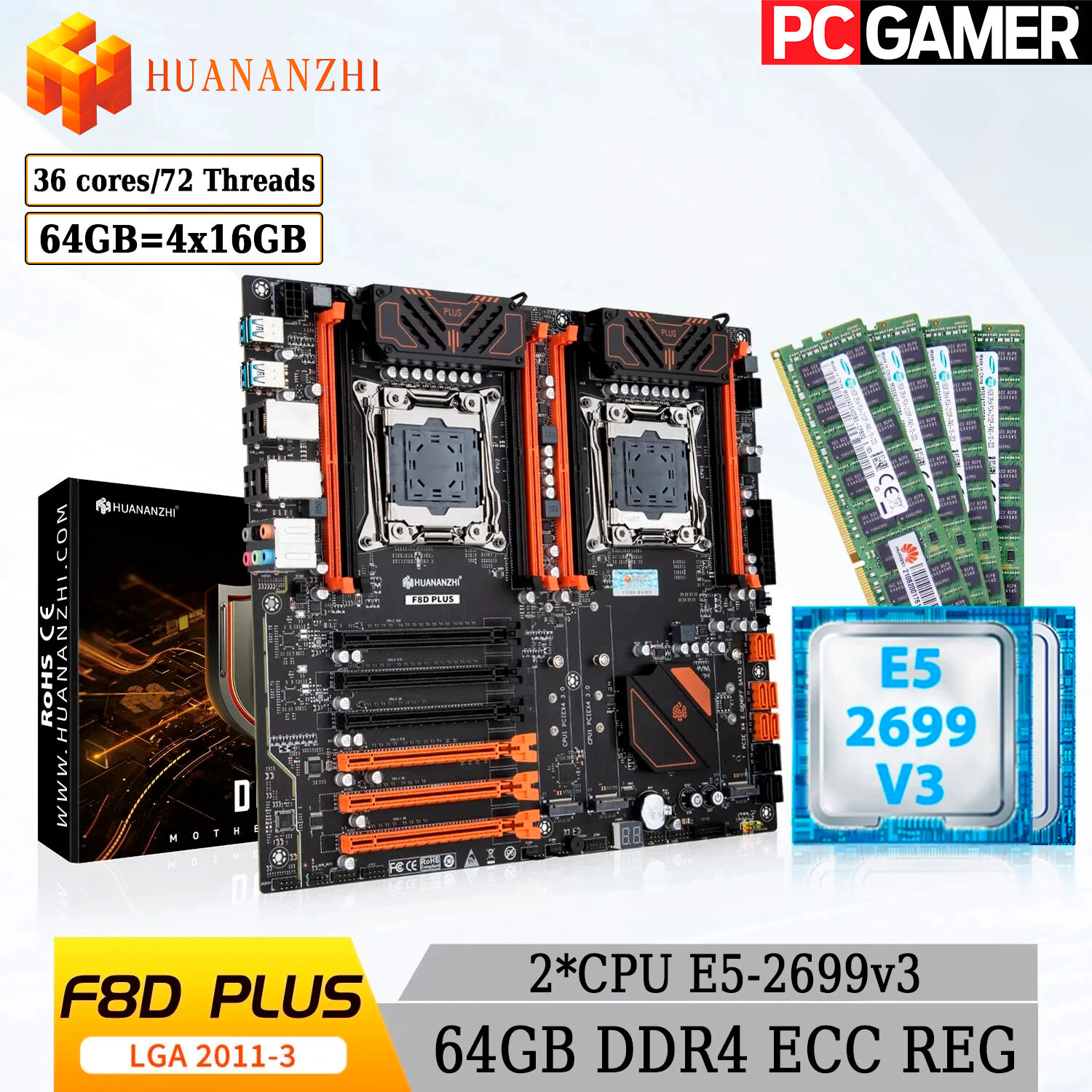 Комплект двухпроцессорная материнская плата Huananzhi X99-F8D PLUS + 2*CPU 2699V3 + 64GB DDR4 ECC