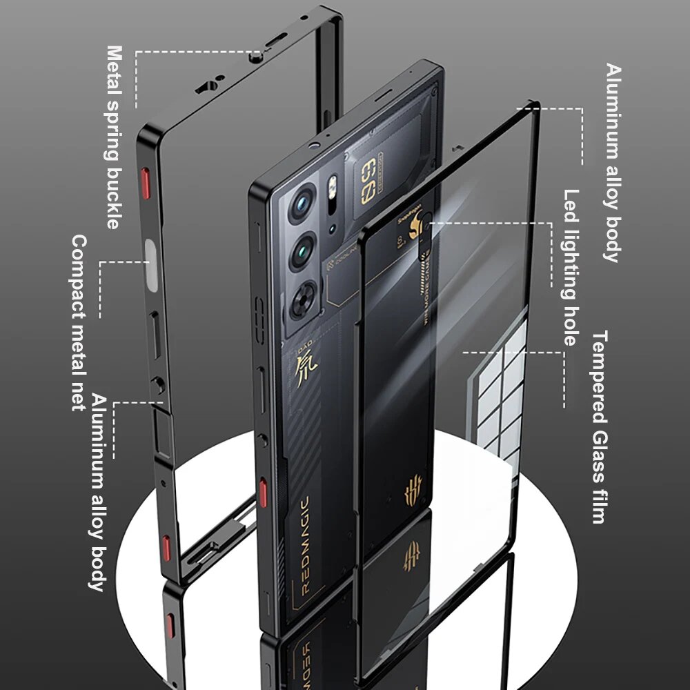 Бампер из алюминиевого сплава, стеклянный чехол для ZTE Nubia Red Magic 9 Pro Plus, блестящая металлическая рамка, противоударный чехол — фото 1