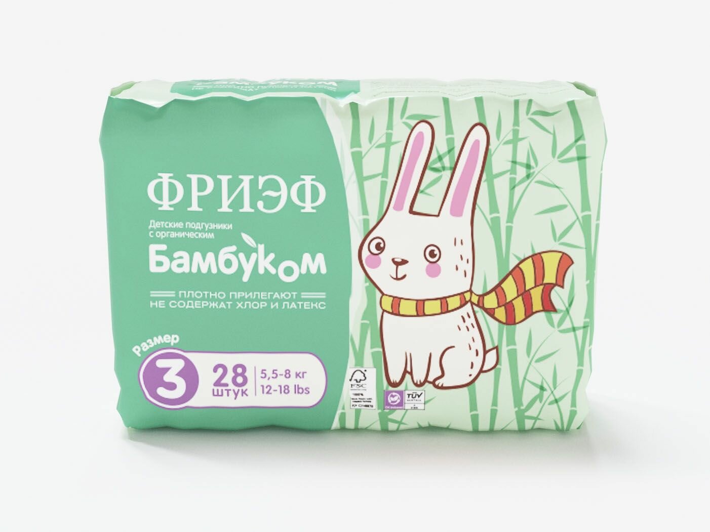 Изображение Фриэф подгузники с органическим бамбуком р-р 3 (5,5 - 8 кг). 28 шт. Гипоаллергенные, лечебные, для сна и прогулок