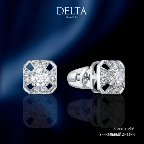 Серьги пусеты Del'ta jewelry factory, белое золото, 585 проба, родирование, фианит, размер 5 мм, длина 0.5 см, , белый