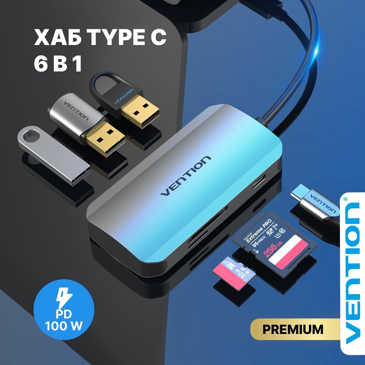 3-port USB Type C Hub Vention TNHHB (3x USB 3.0/SD/TF/PD)