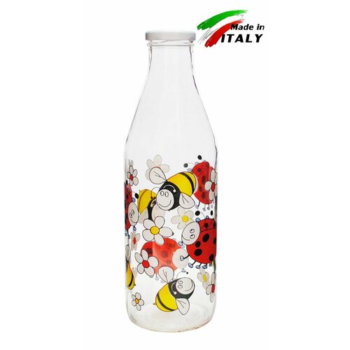 Бутылка Borgonovo стеклянная с крышкой с пробкой 1 литр для молока для сока для напитков Божьи коровки - 1 шт 710₽