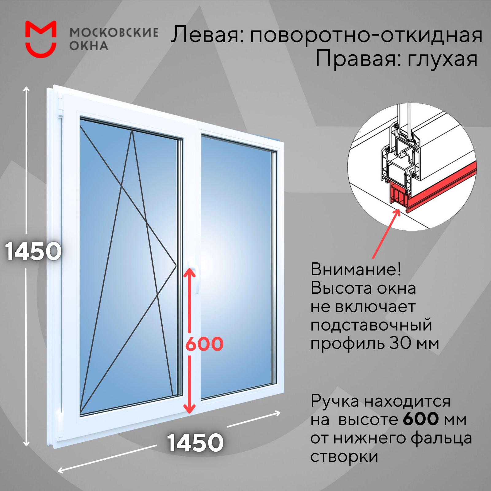 Пластиковое окно 1450х1450 мм (ВхШ) РЕХАУ BLITZ, поворотно-откидное, белое