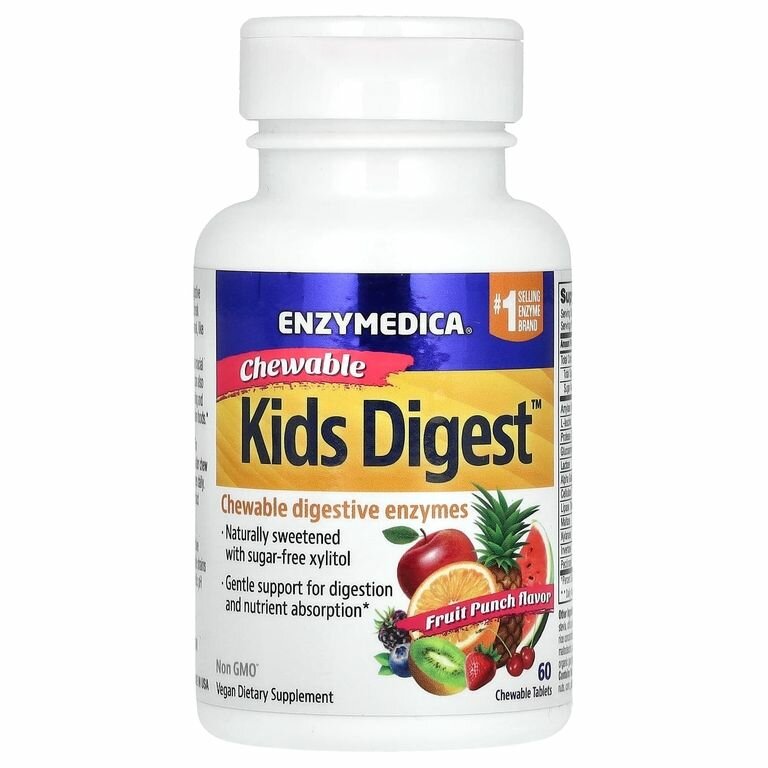 Изображение Enzymedica, Kids Digest, Пищеварительные ферменты для детей, вкус фруктового пунша, 60 жевательных таблеток
