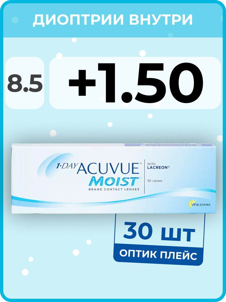 Контактные линзы ACUVUE 1-Day Moist (30 линз) +1.50 R 8.5, однодневные, прозрачные