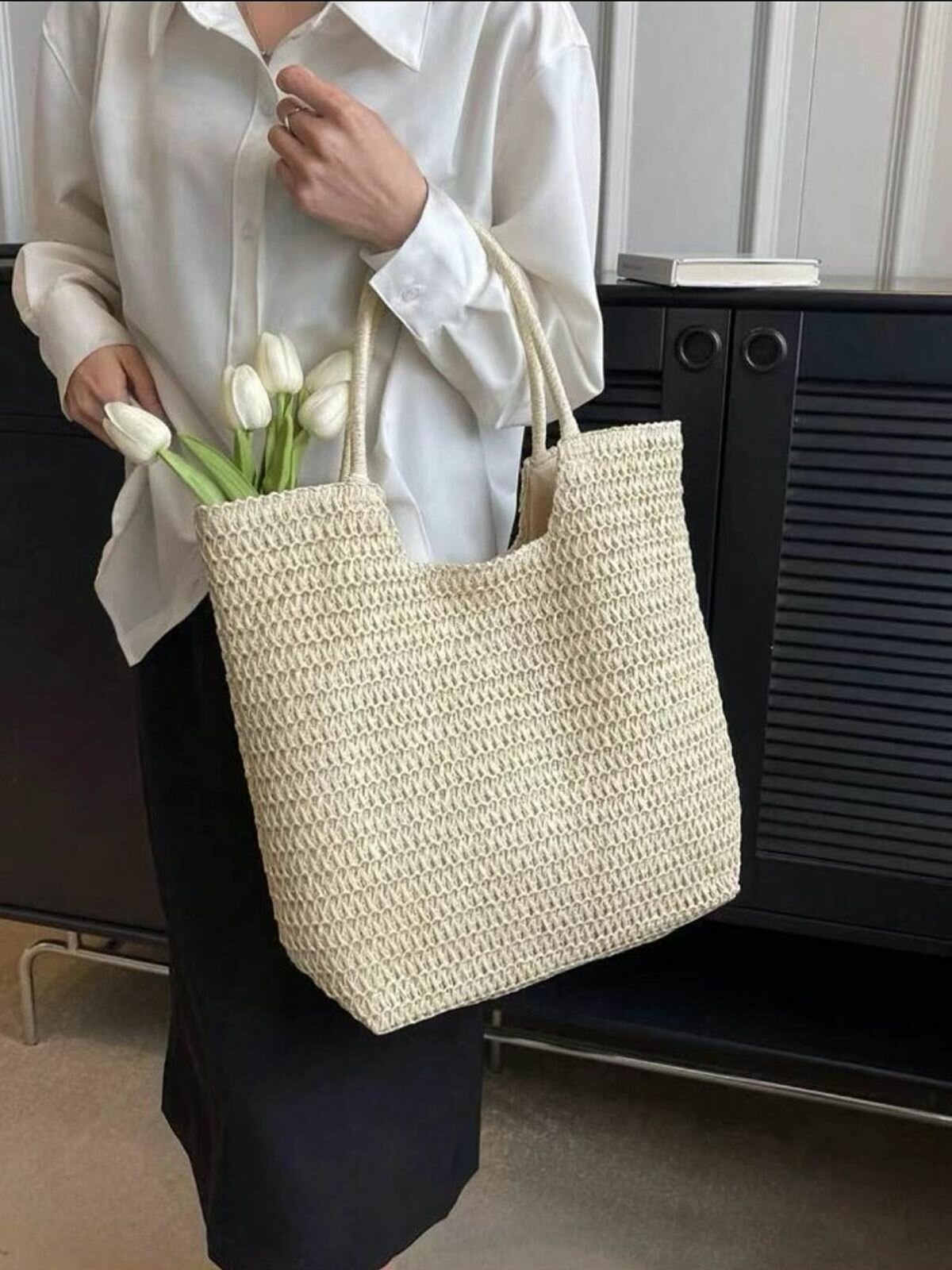 Сумка , фактура плетеная, рельефная, бежевый — фото 1