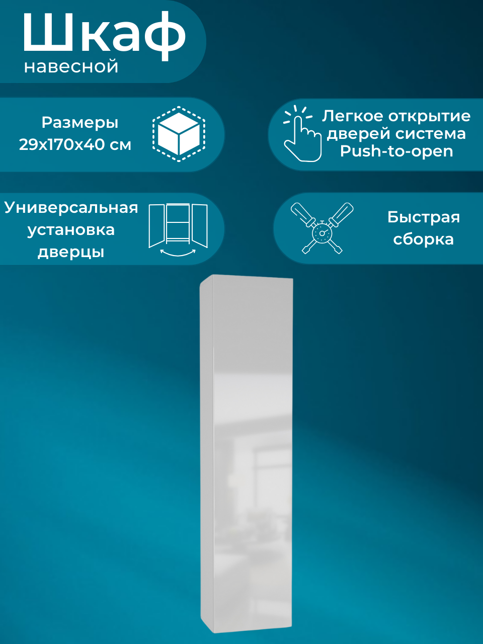 Point 40 шкаф навесной Белый/Белый глянец/размеры (ВхШхГ) 170х29х40 см — фото 1