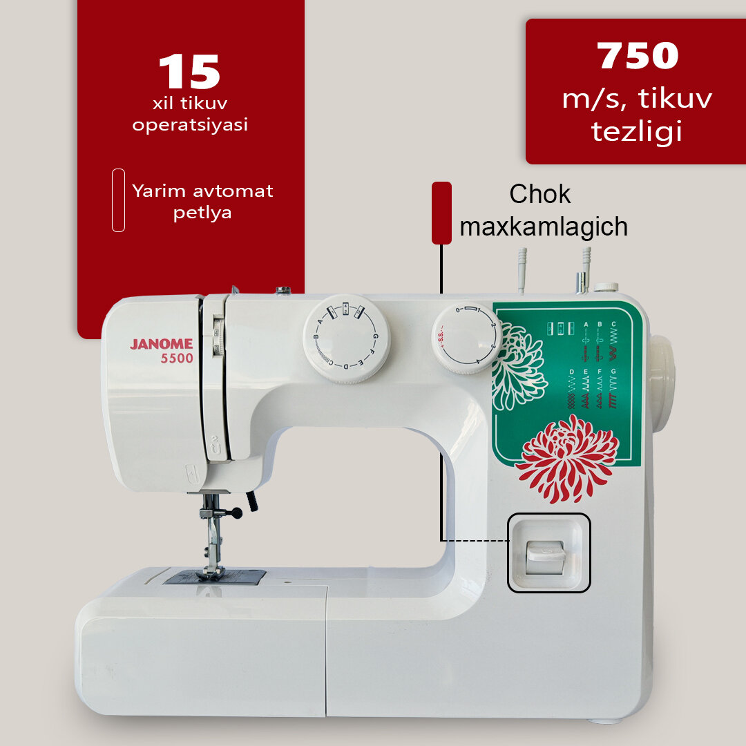 Швейная машина, модель JANOME 5500, электромеханическая, 14 операций, цвет белый — фото 1