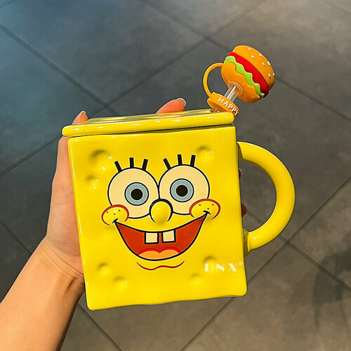 Милая мультяшная керамическая кружка SpongeBob для девочек кофейная чашка с соломой подарок на день рождения сувенир креатив 2101₽