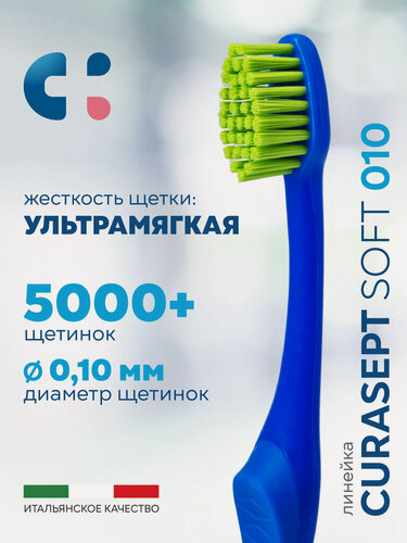 Изображение товара Зубная щетка ультрамягкая CURASEPT MAXI SOFT 010 при гиперчувствительности зубов и десен, Италия, синий-салатовый