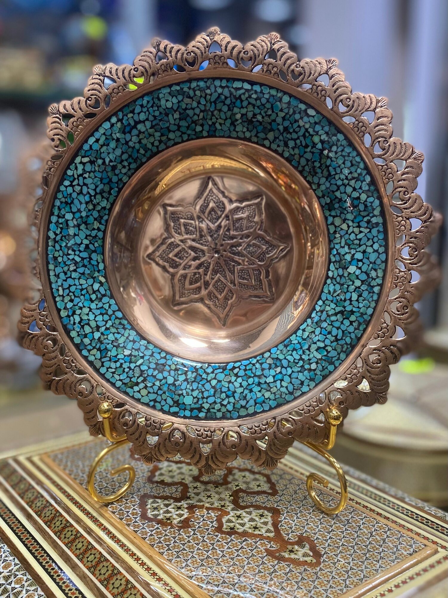 Тарелка "Фирузе", ручная работа, 21 см, бирюзовая, золотистая, медная — фото 1