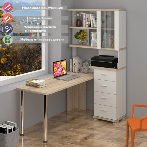 Изображение товара Стол компьютерный Мэрдэс СР-220/170 БЕС Белый/Сонома, угловой, 170х109.5х193 см, с полками, с ящиками