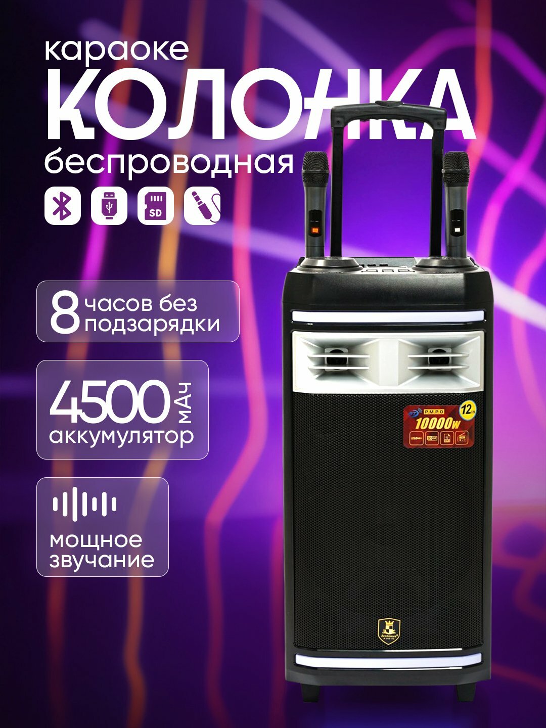 Колонка Avcrowns CH-126, с двумя беспроводными микрофонами, черный