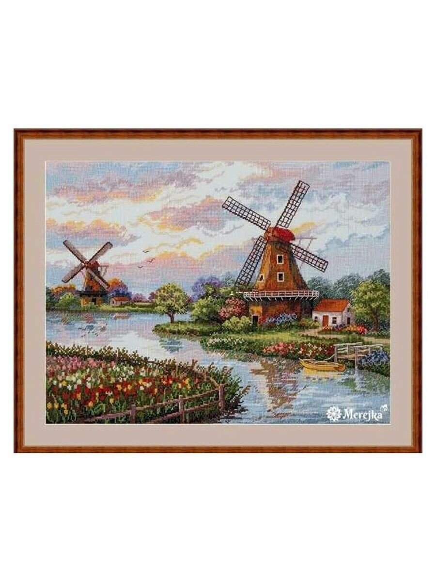 Bышивка гладью для начинающиx Amishop Merejka K-167 Голландская ветряная мельница DIY, 35 цветов, 16CT Aida, 256 x 192 стежка, 41 x 31 см