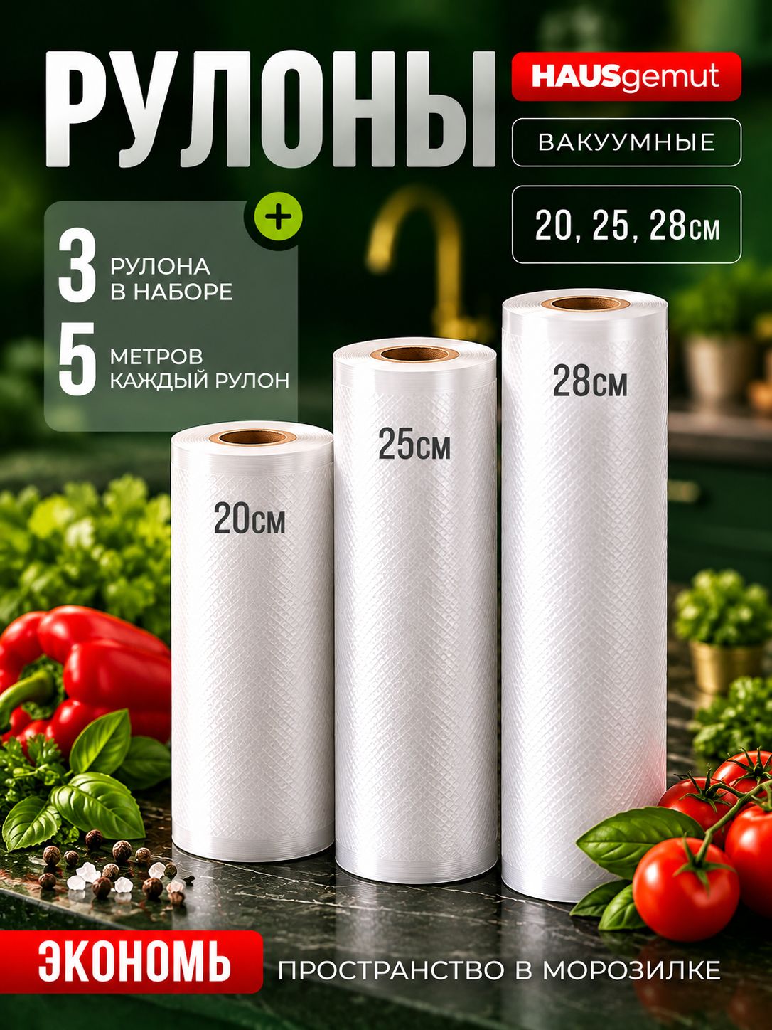 Пакеты для вакууматора , рифленые, для хранения и заморозки продуктов, приготовление сувид, 20, 25, 28х500 см, 3 рулона