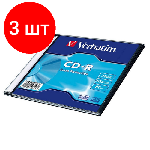 Комплект 3 штук, Носители информации CD-R, 52x, Verbatim Extra Protection, Slim/1, 43347 комплект 5 упаковок носители информации cd r 52x verbatim extra protection cake 50 43351