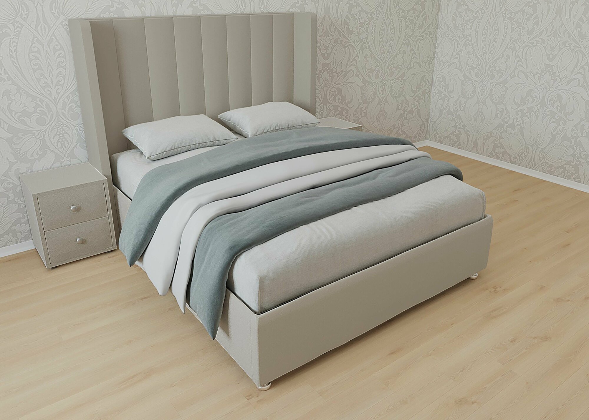 Двуспальная кровать Женева 160x200 с подъемным механизмом и с коробом для белья велюр бежевый без ножек
