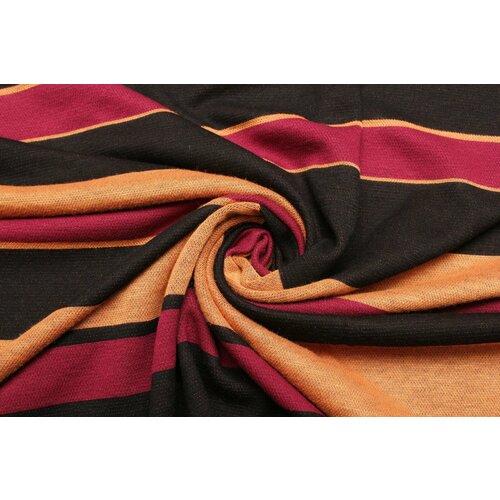 Ткань Трикотаж-жаккард-стрейч чёрно-цикламеново-абрикосовые поперечные полосы, ш140см, 0,5 м
