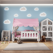 Кровать детская домик с текстилем" (розовый, с единорогами, вход слева) "Классик"