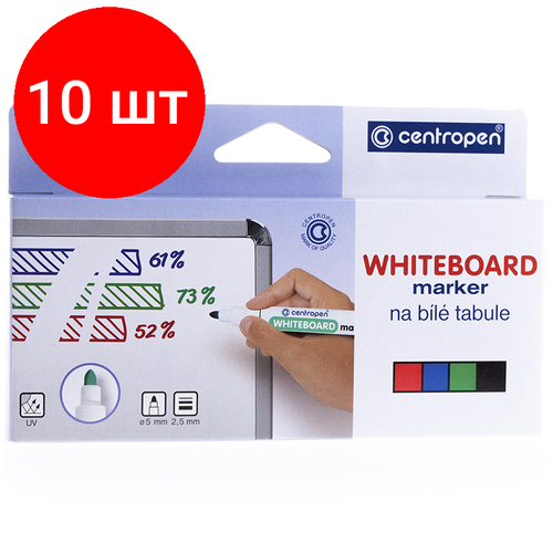 Комплект 10 шт, Набор маркеров для белых досок Centropen 8559 04цв, пулевидный, 2.5мм, картон. уп, европодвес