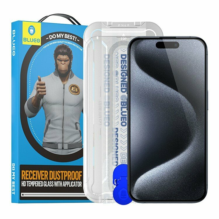 BlueO стекло с защитной сеткой динамика для iPhone 15 Pro Max, Large arc Anti-Dust Anti-Static Black +instal — фото 1