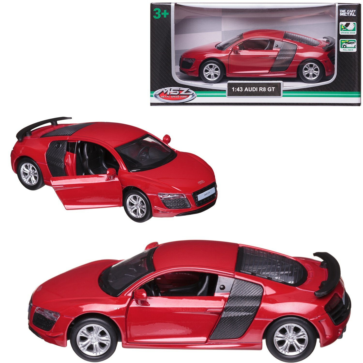 Машинка металлическая MSZ серия 1:43 Audi R8 GT , цвет красный, инерционный механизм, двери открываются WE-15956R
