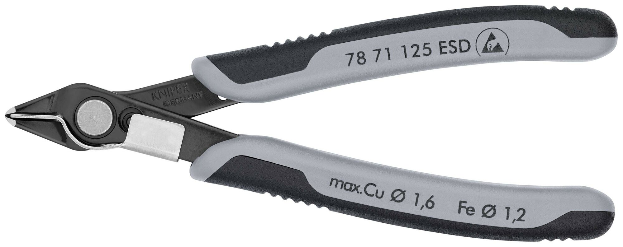 Бокорезы KNIPEX Electronic Super Knips прецизионные ESD, зажим для проволоки, нерж, 125 мм, 2-комп антистатические ручки KN-7871125ESD