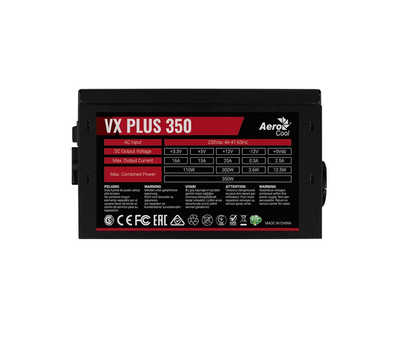 Блок питания ATX 350W Aerocool VX PLUS, 20+4 pin, 1x 4+4 pin, 2x SATA, 2x Molex