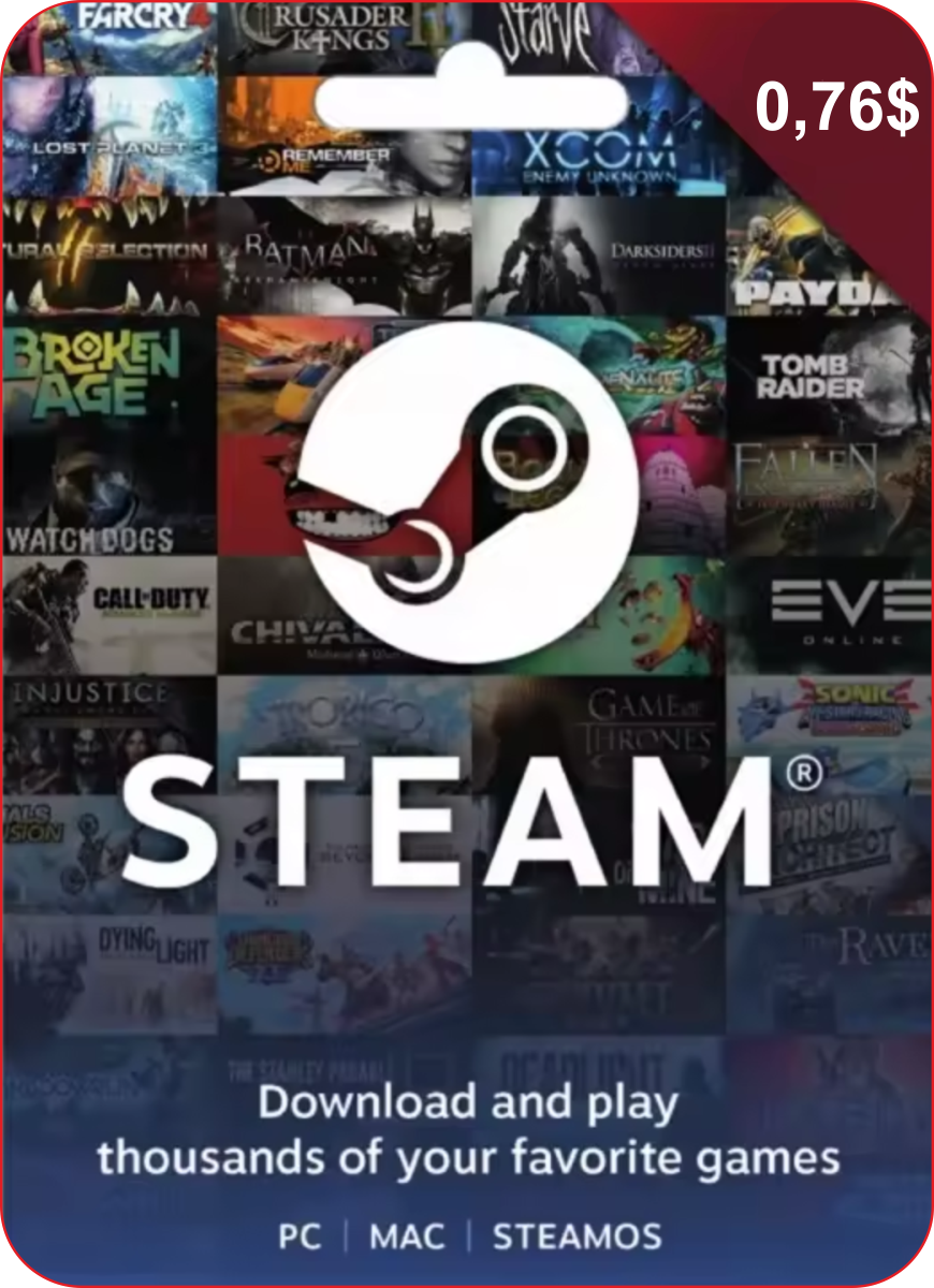 Пополнение кошелька Steam на 0,76 USD / Gift Card 0,76 $ Global (Глобальный ключ активации) / не подходит для России, Китая, Кореи, Бразилии, Таиланда.