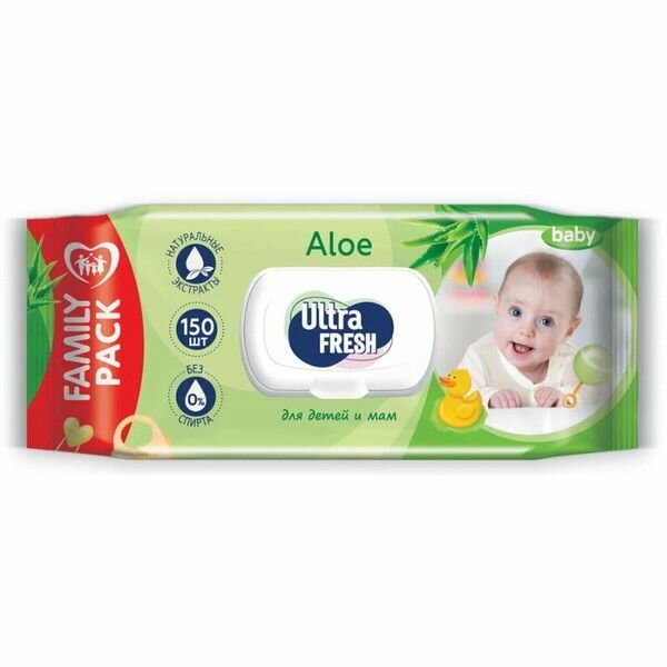 Ultra Fresh Влажные салфетки для детей и мам, Ultra Fresh Baby, С алоэ, С клапаном, 150 шт