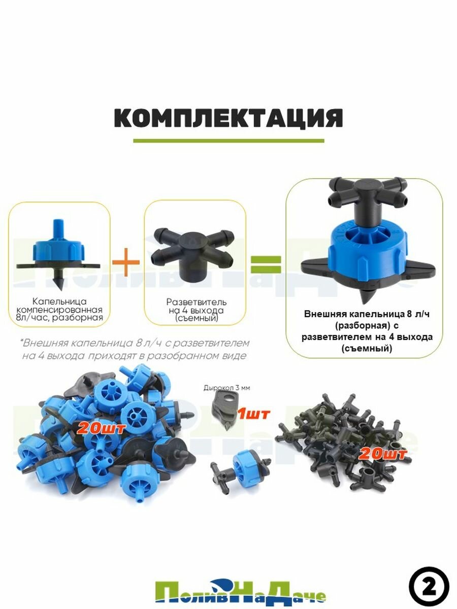 Внешняя капельница компенсированная 8 л/ч (разборная) с разветвителем на 4 выхода. Упаковка 20 шт + дырокол.