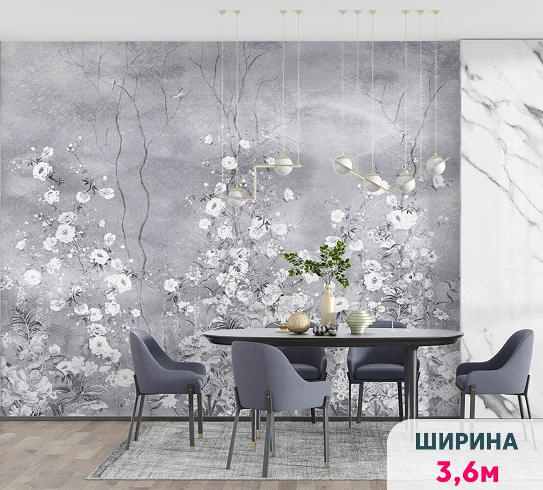 Фотообои цветы на стену MOBI DECOR "Белая флора на сером" флизелиновые в спальню или в гостиную или на кухню 200x270 см.