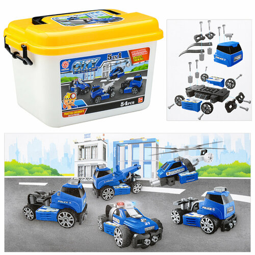 Детский игрушечный набор машинка-конструктор для мальчиков Полиция с отверткой 5 в 1, 54 деталей, в боксе